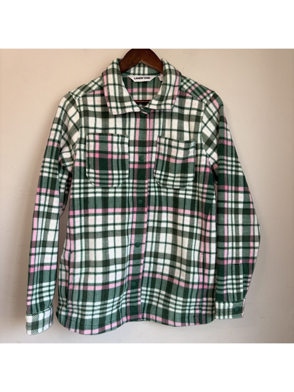 Lands' End Women's Size S (6-8) Green Pink Plaid Fleece Button  Jacket Shacket